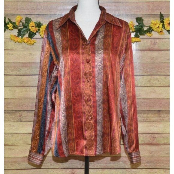 Pretty Tess Ladies L Silky Mixed Print Button Front Blouse Top Striped Floral - Picture 1 of 9